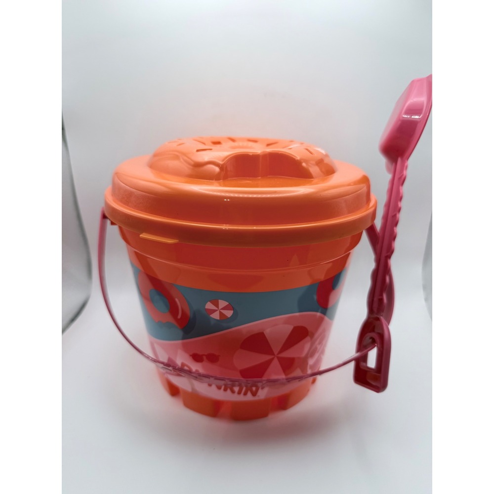 Dunkin Donuts Sand Pail Bucket and Shovel Set Orange Donut Sifter Lid Toy